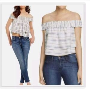 Wayf Blue Striped Off Shoulder Tiered Crop Top Shirt Blouse Peasant Boho